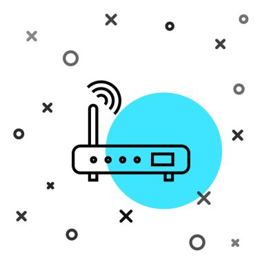 Siyah hat Router ve wi-fi sinyal simgesi beyaz arkaplanda izole edildi. Kablosuz ethernet modem yönlendirici. Bilgisayar teknolojisi interneti. Rastgele dinamik şekiller. Vektör İllüstrasyonu.