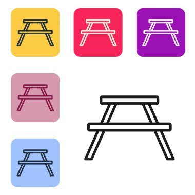 Siyah çizgi piknik masası, masa simgesinin her iki tarafında da beyaz arka planda izole sıralar var. Renkli kare düğmelerle simgeleri ayarla. Vektör.