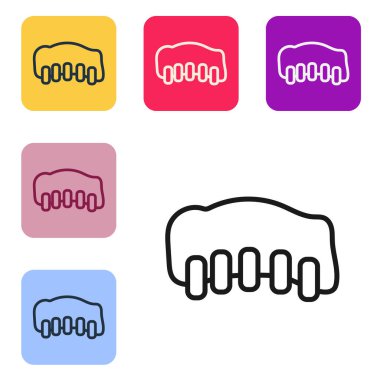 Beyaz arka planda siyah çizgi ızgara domuz pirzolası ikonu. Renkli kare düğmelerle simgeleri ayarla. Vektör.