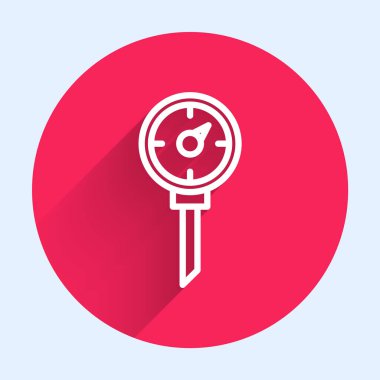 Beyaz çizgi Mutfak termometre ikonu uzun gölgeli izole edilmiş. Kırmızı daire düğmesi. Vektör.