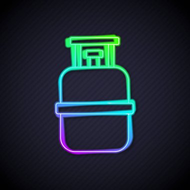 Parlayan neon hattı Propan gaz tankı ikonu siyah arkaplanda izole edildi. Yanabilir benzin deposu ikonu. Vektör.