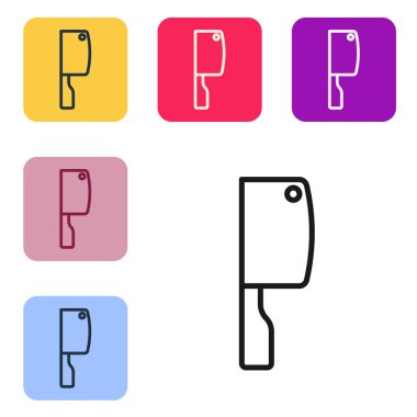 Siyah çizgi Et Helikopteri simgesi beyaz arkaplanda izole edildi. Et için mutfak bıçağı. Kasap bıçağı. Renkli kare düğmelerle simgeleri ayarla. Vektör.