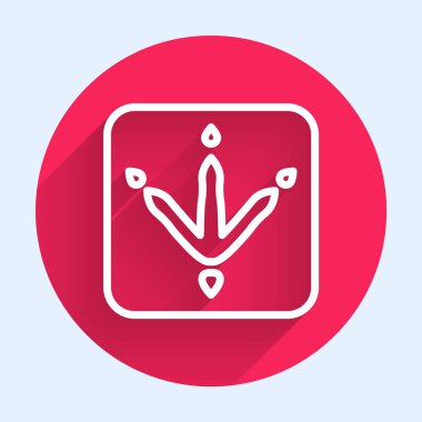 Beyaz çizgili Tavuk Pençesi ayak izi ikonu uzun gölgeli. Horoz damgası. Kırmızı daire düğmesi. Vektör.