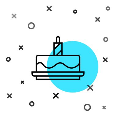 Beyaz arkaplanda izole edilmiş yanan mum simgesi olan siyah çizgi keki. Doğum günün kutlu olsun. Rastgele dinamik şekiller. Vektör.