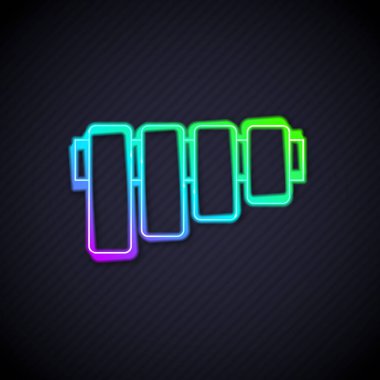 Parlayan neon hattı Pan flüt simgesi siyah arkaplanda izole edildi. Geleneksel Peru müzik aleti. Peru, Bolivya ve Meksika 'dan halk enstrümanı. Vektör.