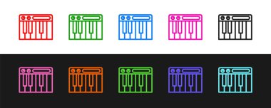 Çizgi Müzik Sentezleyici simgesini siyah ve beyaz arkaplanda izole et. Elektronik piyano. Vektör.