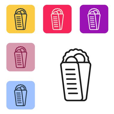 Siyah çizgi Gyros Pita Yunan fast food geleneksel mutfak ikonu beyaz arka planda izole edildi. Yunan salatası ve tzatziki soslu sandviç. Renkli kare düğmelerle simgeleri ayarla. Vektör.