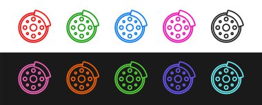 Çizgi çizgisi bisiklet fren disk simgesi siyah ve beyaz arkaplanda izole edildi. Vektör.