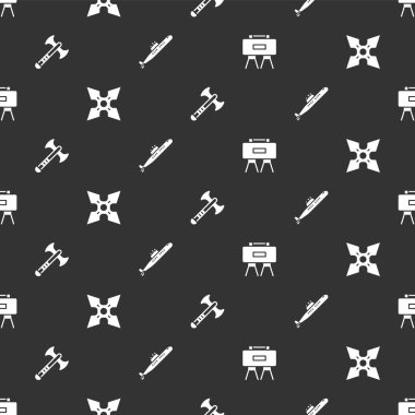 Askeri mayın, Japon ninja shuriken, savaş baltası ve denizaltısı kusursuz desenli. Vektör.