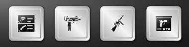 Silah kataloğu, UZI hafif makineli tüfek, Tommy ve askeri mühimmat kutusu ikonu. Gümüş kare düğme. Vektör.