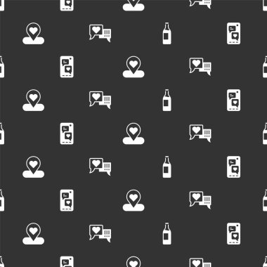 Şarap şişesi, cep telefonu, yer ve kalp konuşma baloncuğu kusursuz. Vektör.