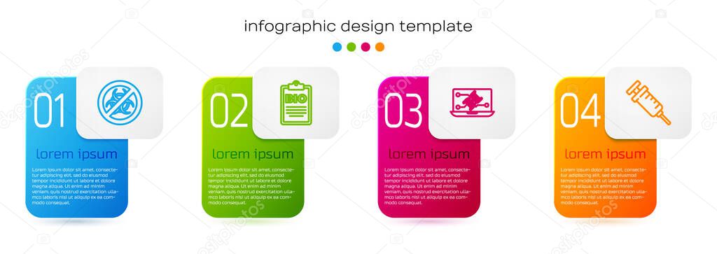 Set line Stop GMO, Document for bio healthy food, Genetic engineering modification and Syringe. Business infographic template. Vector.