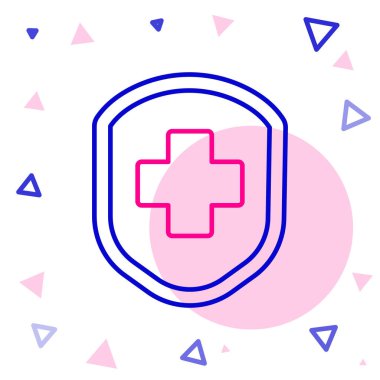 Beyaz zemin üzerinde çapraz simge olan çizgi tıbbi kalkanı. Koruma, güvenlik, şifre güvenliği. Renkli taslak konsepti. Vektör İllüstrasyonu.