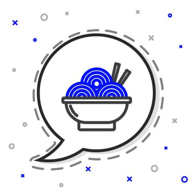 Tabaktaki Asya erişteleri ve beyaz arka planda izole edilmiş yemek çubukları. Sokak yemeği. Kore, Japon, Çin yemekleri. Renkli taslak konsepti. Vektör İllüstrasyonu.