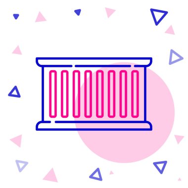 Beyaz arkaplanda çizgi taşıyıcı simgesi izole edildi. Crane içinde kargo olan bir konteynırı kaldırıyor. Renkli taslak konsepti. Vektör İllüstrasyonu.