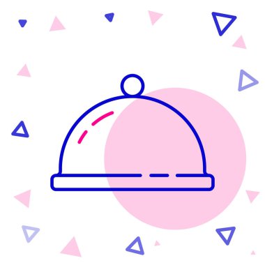 Beyaz arka planda izole edilmiş bir tepsi yemek ikonu ile kaplı. Tepsi ve kapak işareti. Kapaklı bir restoran saati. Renkli taslak konsepti. Vektör.