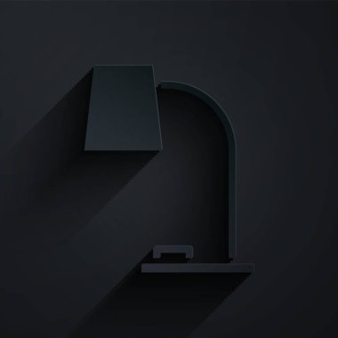 Kağıt kesiği masa lambası simgesi siyah arkaplanda izole edildi. Ofis lambası. Kağıt sanatı tarzı. Vektör İllüstrasyonu.