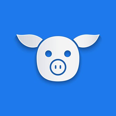 Kağıt kesiği domuz simgesi mavi arkaplanda izole edilmiş. Hayvan sembolü. Kağıt sanatı tarzı. Vektör.