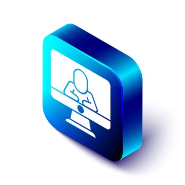 Isometric Çevrimiçi Psikolojik Danışmanlık Mesafesi simgesi beyaz arkaplanda izole edildi. Psikoterapi, psikolojik yardım, online psikiyatrist danışmanlığı. Mavi kare düğme. Vektör.