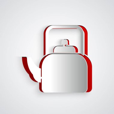 Kağıt kesiği Kettle 'ın gri arka planda izole edilmiş bir simgesi var. Çaydanlık ikonu. Kağıt sanatı tarzı. Vektör.