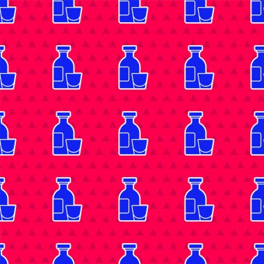 Mavi Alkol şişesi ve cam ikon kırmızı arka planda izole edilmiş pürüzsüz desen. Vektör.