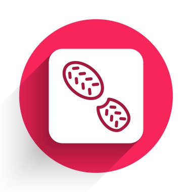 Beyaz insan ayak izleri uzun gölgeli bir ayakkabı ikonu. Ayakkabı tabanı. Kırmızı daire düğmesi. Vektör.