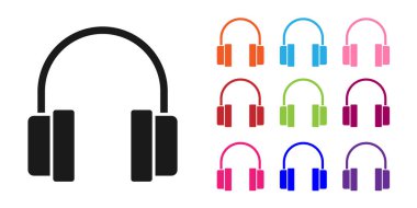 Siyah kulaklık simgesi beyaz arkaplanda izole edilmiş. Kulaklıklar. Müzik, hizmet, iletişim ve operatör konsepti. Simgeleri renklendirin. Vektör.