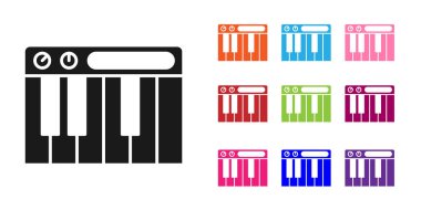 Siyah Müzik Sentezleyici simgesi beyaz arkaplanda izole edildi. Elektronik piyano. Simgeleri renklendirin. Vektör.