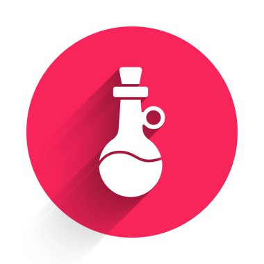 Uzun gölgeli beyaz zeytinyağı ikonu. Zeytinyağı ikonlu sürahi. Kırmızı daire düğmesi. Vektör.