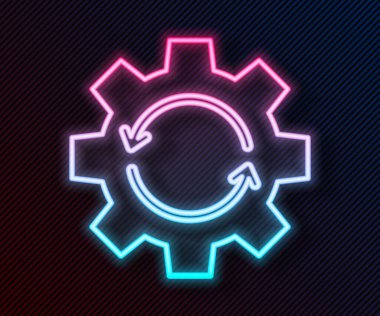 İş akışı konsepti simgesi olarak parlayan neon hattı dişlisi ve oklar siyah arkaplanda izole edildi. Vites doldurma tabelası. Vektör İllüstrasyonu.