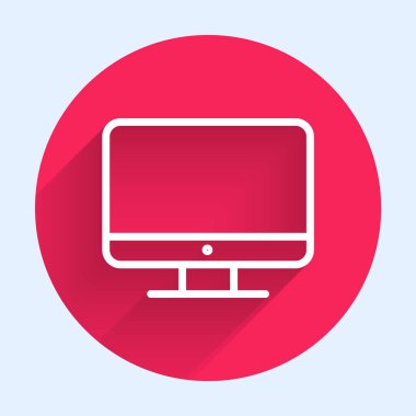 Beyaz çizgi bilgisayar ekran simgesi uzun gölgeli izole edildi. Elektronik cihaz. Ön manzara. Kırmızı daire düğmesi. Vektör İllüstrasyonu.