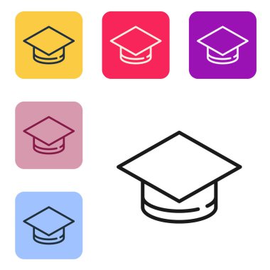 Siyah çizgi mezuniyet başlığı simgesi beyaz arkaplanda izole edildi. Tassel ikonlu mezuniyet şapkası. Renkli kare düğmelerle simgeleri ayarla. Vektör.