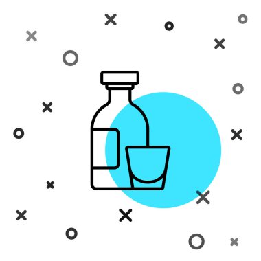 Siyah çizgili alkol, rom şişesi ve beyaz arka planda izole edilmiş cam ikon. Rastgele dinamik şekiller. Vektör.