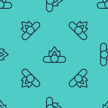 Siyah çizgi kamp ateşi ikonu yeşil arka planda pürüzsüz desen izole etti. Odunla yanan şenlik ateşi. Vektör.