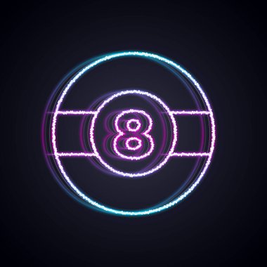 Parlak neon hattı bilardo topu. Siyah arka planda 8 numaralı ikon izole edilmiş. Vektör.