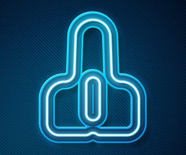 Parlayan neon hattı bisiklet koltuğu simgesi mavi arkaplanda izole edildi. Bisiklet eyeri. Vektör.