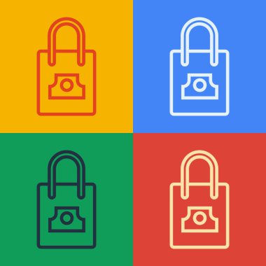 Sprey kutulu kağıttan alışveriş poşeti kapak simgesini renk arkaplanına izole etti. Vektör.