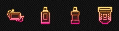 Temizlik malzemesi, sabun ve Epilatör için bir şişe ayarla. Parlayan neon ikonu. Vektör.