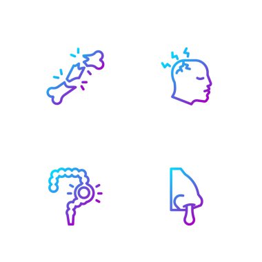 Akan burun, bağırsak kabızlığı, kırık kemik ve baş ağrısı. Renk simgeleri. Vektör.