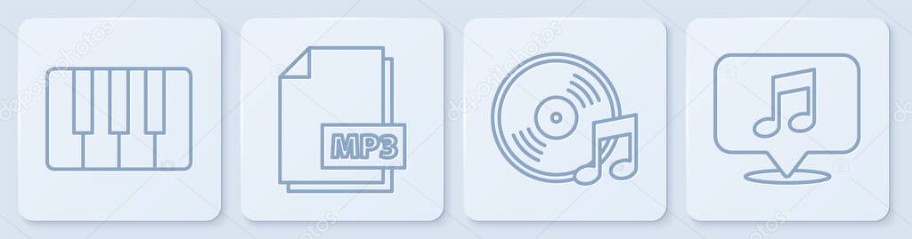 Set line Music synthesizer, Vinyl disk, MP3 file document and Musical note in speech bubble. White square button. Vector.