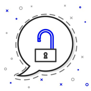 Hat Açık asma kilit simgesi beyaz arkaplanda izole edildi. Kilit açık işareti. Siber güvenlik kavramı. Dijital veri koruması. Renkli taslak konsepti. Vektör İllüstrasyonu.