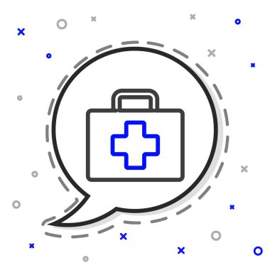 İlk yardım çantası simgesi beyaz arkaplanda izole edildi. Haçlı sağlık kutusu. Acil durumlar için tıbbi ekipman. Sağlık sigortası konsepti. Renkli taslak konsepti. Vektör İllüstrasyonu.