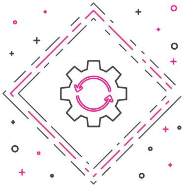 İş akışı konsepti simgesi olarak çizgi teçhizatı ve oklar beyaz arkaplanda izole edildi. Vites doldurma tabelası. Renkli taslak konsepti. Vektör İllüstrasyonu.