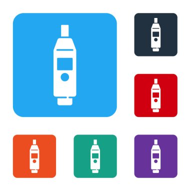 Tıbbi inceleme ikonu için beyaz medikal termometre beyaz arka planda izole edildi. Renkli kare düğmelerle simgeleri ayarla. Vektör.