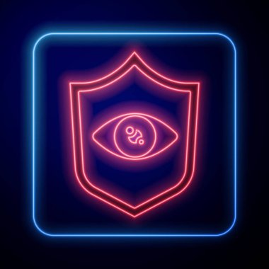 Parlayan neon ışıklı göz tarama simgesi mavi arkaplanda izole edildi. Göz taraması yapılıyor. Güvenlik kontrol sembolü. Siber göz işareti. Vektör.