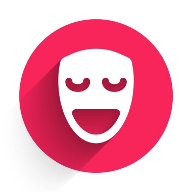 Beyaz Komedi Maskesi ikonu uzun gölgeli izole edilmiş. Kırmızı daire düğmesi. Vektör.