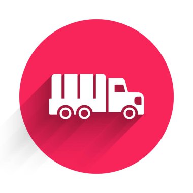 Uzun gölgeli beyaz askeri kamyon ikonu. Kırmızı daire düğmesi. Vektör.