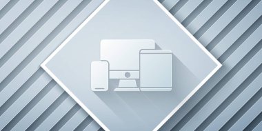Kağıt kesiği bilgisayar monitörü, grafik tablet ve cep telefonu simgesi gri arkaplanda izole edildi. İnternetten kazanç, pazarlama. Kağıt sanatı tarzı. Vektör.