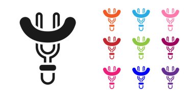 Çatal simgesindeki siyah sosis beyaz arka planda izole edilmiş. Izgara sosis ve aroma işareti. Simgeleri renklendirin. Vektör.