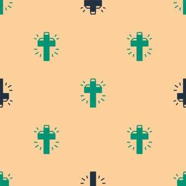 Yeşil ve siyah Hıristiyan haç simgesi bej arka planda izole edilmiş kusursuz desen. Kilise haçı. Vektör.
